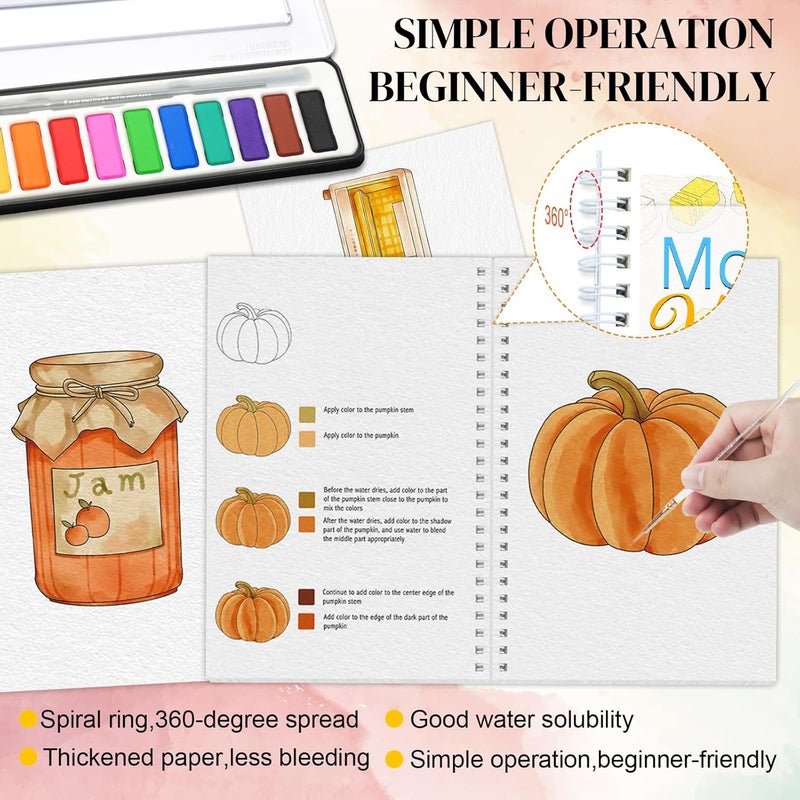 apolyone Watercolor Workbooks- 2 Pack Beginner Workbooks with 24 Coloring Book Pages - 12 Color blocks and a Brush - Watercolor Paper 300gsm/140lb - Gift for Women, Adults, Beginners (Autumn & Kitchen) - Image 2